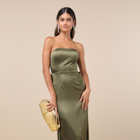 Lulus Dresses & Skirts - Lulus Absolutely Poised Olive Green Satin Strapless Bow Maxi Dress - Size L